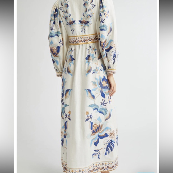 Farm Rio Mystic Blue Lotus Placed Print Long Sleeve Linen Blend Maxi Dress - Picture 4 of 15